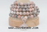 GMN1262 Hand-knotted 8mm, 10mm pink zebra jasper 108 beads mala necklaces with charm