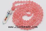 GMN1458 Hand-knotted 8mm, 10mm cherry quartz 108 beads mala necklace with pendant