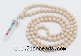 GMN1554 Knotted 8mm, 10mm white fossil jasper 108 beads mala necklace with pendant
