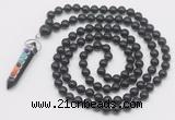 GMN1561 Knotted 8mm, 10mm black obsidian 108 beads mala necklace with pendant