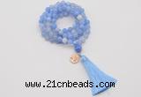 GMN1753 Knotted 8mm, 10mm blue banded agate 108 beads mala necklace with tassel & charm