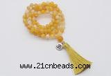 GMN1755 Knotted 8mm, 10mm yellow banded agate 108 beads mala necklace with tassel & charm