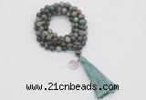 GMN1792 Knotted 8mm, 10mm African turquoise 108 beads mala necklace with tassel & charm