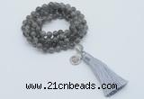 GMN1796 Knotted 8mm, 10mm labradorite 108 beads mala necklace with tassel & charm