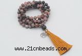 GMN1800 Knotted 8mm, 10mm rhodonite 108 beads mala necklace with tassel & charm