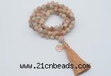 GMN1804 Knotted 8mm, 10mm sunstone 108 beads mala necklace with tassel & charm