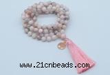 GMN1807 Knotted 8mm, 10mm natural pink opal 108 beads mala necklace with tassel & charm