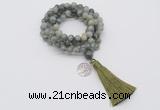 GMN1816 Knotted 8mm, 10mm seaweed quartz 108 beads mala necklace with tassel & charm