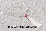 GMN1822 Knotted 8mm, 10mm white crystal 108 beads mala necklace with tassel & charm