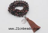 GMN1829 Knotted 8mm, 10mm red tiger eye 108 beads mala necklace with tassel & charm