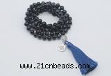 GMN1831 Knotted 8mm, 10mm blue tiger eye 108 beads mala necklace with tassel & charm