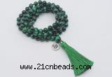 GMN1836 Knotted 8mm, 10mm green tiger eye 108 beads mala necklace with tassel & charm