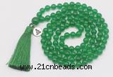 GMN1846 Hand-knotted 8mm candy jade 108 beads mala necklace with tassel & charm