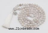 GMN1871 Knotted 8mm, 10mm white crazy agate 108 beads mala necklace with tassel & charm