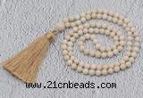 GMN200 Hand-knotted 6mm white fossil jasper 108 beads mala necklaces with tassel