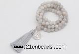 GMN2001 Knotted 8mm, 10mm matte white crazy agate 108 beads mala necklace with tassel & charm