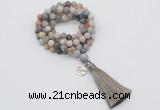 GMN2003 Knotted 8mm, 10mm matte bamboo leaf agate 108 beads mala necklace with tassel & charm