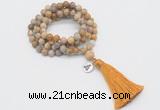 GMN2004 Knotted 8mm, 10mm matte fossil coral 108 beads mala necklace with tassel & charm