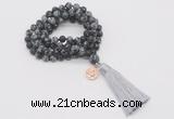 GMN2012 Knotted 8mm, 10mm matte snowflake obsidian 108 beads mala necklace with tassel & charm