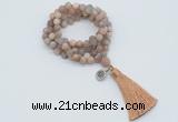 GMN2021 Knotted 8mm, 10mm matte sunstone 108 beads mala necklace with tassel & charm