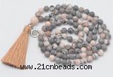 GMN2029 Knotted 8mm, 10mm matte pink zebra jasper 108 beads mala necklace with tassel & charm