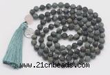 GMN2030 Knotted 8mm, 10mm matte kambaba jasper 108 beads mala necklace with tassel & charm