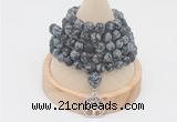 GMN2216 Hand-knotted 8mm, 10mm matte snowflake obsidian 108 beads mala necklace with charm