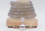 GMN2231 Hand-knotted 8mm, 10mm matte grey agate 108 beads mala necklaces with charm