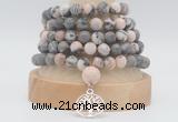 GMN2232 Hand-knotted 8mm, 10mm matte pink zebra jasper 108 beads mala necklaces with charm