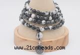 GMN2411 Hand-knotted 6mm black & white jasper 108 beads mala necklace with charm