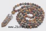 GMN2608 Hand-knotted 8mm, 10mm matte picasso jasper 108 beads mala necklace with pendant