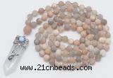 GMN2623 Hand-knotted 8mm, 10mm matte sunstone 108 beads mala necklace with pendant