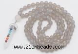 GMN2627 Knotted 8mm, 10mm matte grey agate 108 beads mala necklace with pendant