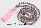 GMN325 Hand-knotted 6mm rhodonite 108 beads mala necklaces with tassel & charm