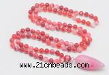 GMN4006 Hand-knotted 8mm, 10mm red banded agate 108 beads mala necklace with pendant
