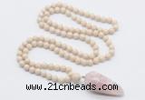 GMN4020 Hand-knotted 8mm, 10mm white fossil jasper 108 beads mala necklace with pendant