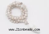 GMN4062 Hand-knotted 8mm, 10mm white crazy agate 108 beads mala necklace with pendant