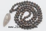 GMN4223 Hand-knotted 8mm, 10mm matte bronzite 108 beads mala necklace with pendant