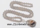 GMN4407 Hand-knotted 8mm, 10mm matte grey agate 108 beads mala necklace with pendant