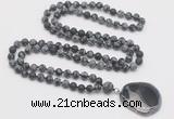 GMN4421 Hand-knotted 8mm, 10mm matte snowflake obsidian 108 beads mala necklace with pendant