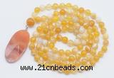 GMN4605 Hand-knotted 8mm, 10mm yellow banded agate 108 beads mala necklace with pendant