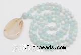 GMN4609 Hand-knotted 8mm, 10mm sea blue banded agate 108 beads mala necklace with pendant