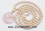 GMN4619 Hand-knotted 8mm, 10mm white fossil jasper 108 beads mala necklace with pendant