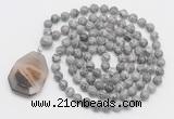 GMN4621 Hand-knotted 8mm, 10mm grey picture jasper 108 beads mala necklace with pendant