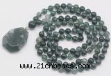 GMN4669 Hand-knotted 8mm, 10mm moss agate 108 beads mala necklace with pendant