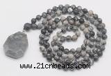 GMN4677 Hand-knotted 8mm, 10mm black water jasper 108 beads mala necklace with pendant