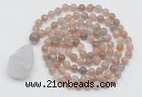 GMN4821 Hand-knotted 8mm, 10mm moonstone 108 beads mala necklace with pendant