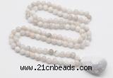 GMN4828 Hand-knotted 8mm, 10mm white crazy agate 108 beads mala necklace with pendant