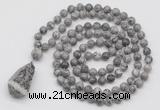 GMN4922 Hand-knotted 8mm, 10mm grey picture jasper 108 beads mala necklace with pendant