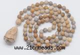 GMN5012 Hand-knotted 8mm, 10mm matte fossil coral 108 beads mala necklace with pendant